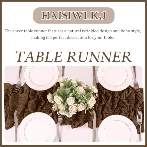 3 Pack 120 Inch Brown Cheesecloth Table Runner Boho Rustic Gauze Sheer Romantic 10 FT Long Cheese Cloth Table Runner for Bridal Baby Shower Wedding Party Birthday Holiday Home Easter Decor