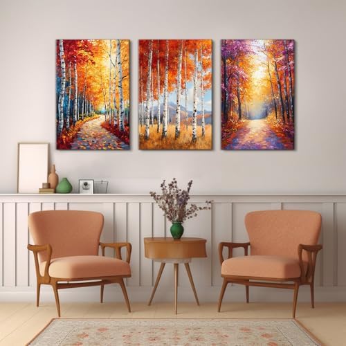 Orange Autumn Forest Wall Art Fall Forest Wall Decor Nature Woodland Pictures Gold Yellow Trees Landscape Canvas Prints Painting Botanical Artwork for Kitchen Living Room Home Decoration 24x36" 3Pcs