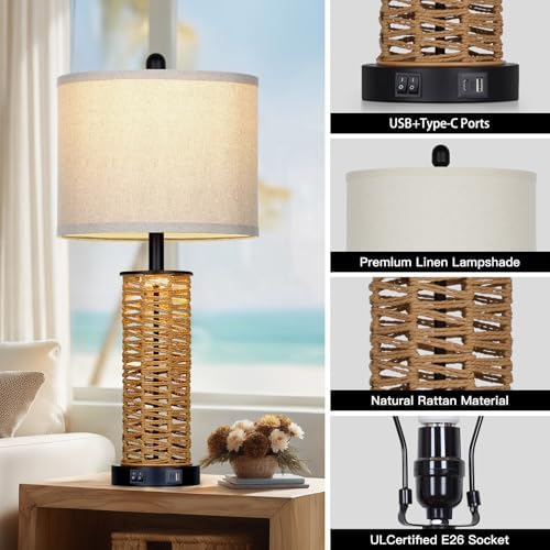 CINSARY 27" Boho Rattan Table Lamps Set of 2, Coastal Bedside Lamp with Night Light, Woven Wicker Bedroom Nightstand Lamps with USB A+C Charging Port, Tall Farmhouse Lamp for Living Room End Table