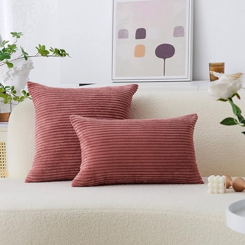 Home Brilliant 24x24 Pillow Covers Pink Decor Striped Velvet Corduroy Euro Sham Large Square Pillowcase for Sofa Bed, 60cm, Set of 2, Dry Rose Pink