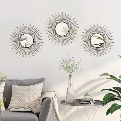 3 Pack Metal Mirrors for Wall Sunburst Wall Mirrors Home Décor Decorative Hanging Wall Art for Living Room Bedroom Entryway (Black2, Sunburst)
