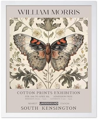 Poster Master William Morris Poster - Butterfly Print - Moth Illustration - Botanical Art - Flower Art - Exhibition Illustration - Animal Illustration - Floral Painting - Aesthetic Office or Bedroom Decor - 11x14 White Framed