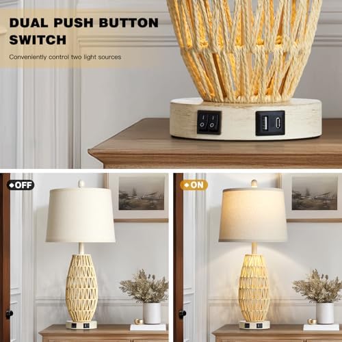 CINSARY 27“ Beige Rattan Table Lamps with Night Light, Boho Bedside Lamps Set of 2, Woven Wicker Bedroom Lamp for Nightstand with USB A+C Charging Port & AC Outlet, Tall Coastal Living Room Lamp
