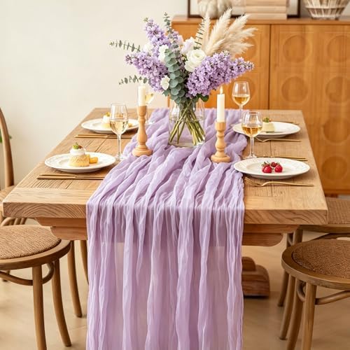 3Pcs Lilac Table Runner, 10FT Rustic Gauze Lavender Table Runner 35*120inch Boho Table Runners for Wedding Bridal Shower Baby Shower Table Centerpiece Decorations