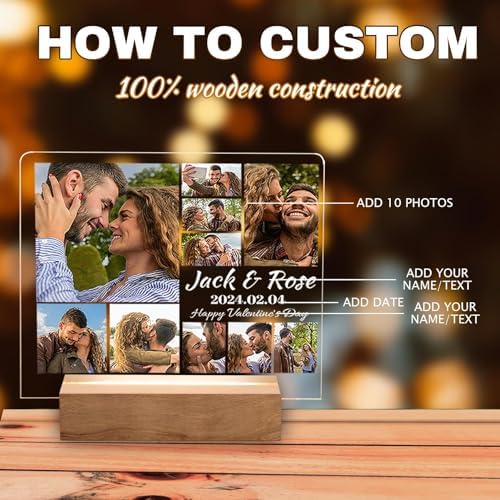Personalized Photo Acrylic Happy Fathers Day Sign Plaque Gifts for Dad Papa Grandpa from Daughter Son Wife Customizable LED Night Light Wooden Base Lamps Desk Bedroom Decor Signs