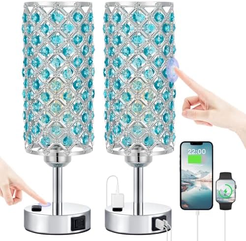 Hong-in Blue Crystal Lamp Touch Control Set of 2, Crystal Table Lamps with USB C+A Ports & AC Outlet, 3-Way Dimmable Nightstand Touch Lamp, Modern Bedside Table Lamp for Bedroom(Bulbs Included)