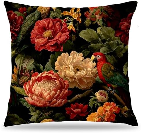Dark Exotic Floral Parrot Throw Pillow Cover 18x18