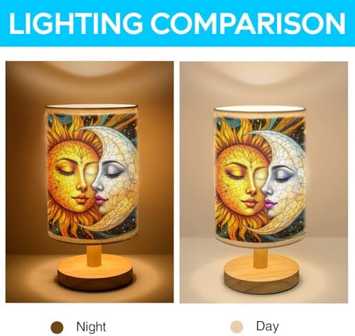 Sun and Moon Table Lamp LED 3-Color Pressed Bedside, Sun and Moon Shade Lamp with Wood Base for Bedroom Living Room Desk Office TL01