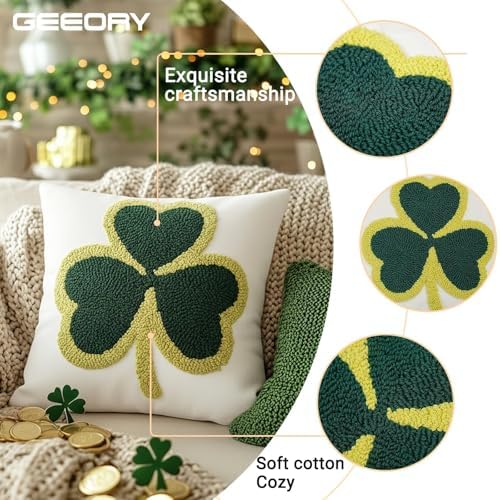 GEEORY St. Patrick's Day Decorations Pillow Covers - 18x18 Cotton Embroidered Shamrock Farmhouse Cushion Case for Sofa & Bed GX014-1-18