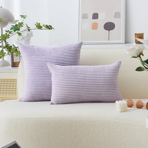 Home Brilliant Purple Throw Pillow Covers 24x24 Set of 2 Decorative Pillow Covers for Couch Striped Velvet Corduroy Accent Pillow Cover for Couch Chair, 24 x 24 Inch, Lavender