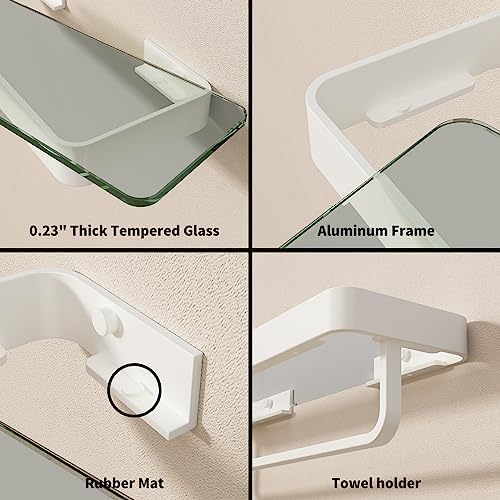 Danpoo 16-Inch White Floating Bathroom Shelves with Towel Bar， Clear Tempered Glass Wall Shelf 2-Pack – Versatile Bathroom Organizer Set