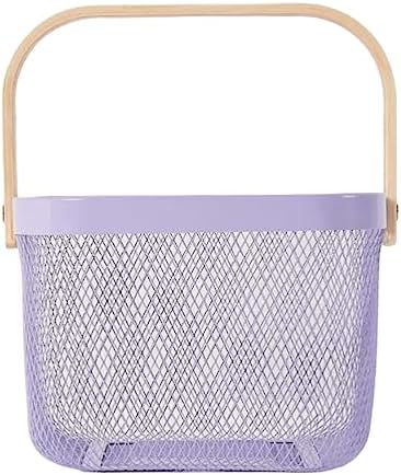 AJIODA Metal Mesh Steel Basket, Storage Organizer Basket Multi-functional Hanging Kitchen Baskets Fruit Basket Bin with Bamboo Handle for Kitchen Bathroom Picnic Shopping Decor Cabinet Home, Purple