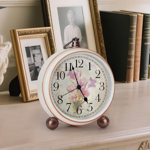 Classic Vintage Table Clock - 5.2in Pink Tulips Analog Desk Clock, Silent Non-Ticking Clock with Distressed Metal Frame for Office, Living Room or Bedroom (Pink Tulips)