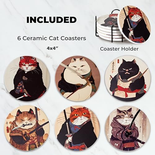 Ninja Cat Coasters Set of 6 - Funny Coasters Anime Cat Gifts for Men