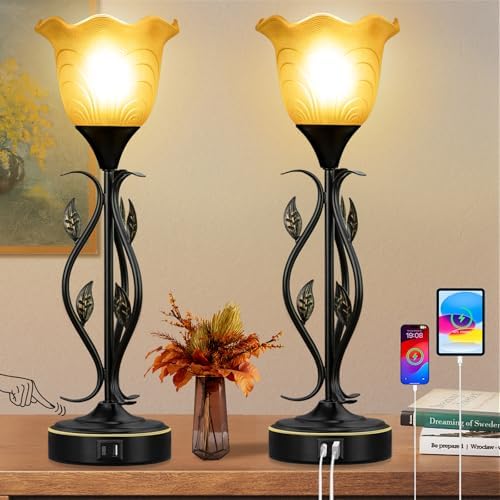 Amber Touch Torchiere Bedside Table Lamps Set of 2,With 2 USB Charging