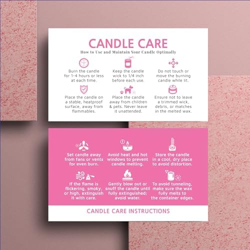 200 pack - Premium Handmade Candle Care Instruction Cards Pink 2x3.5 in, Small Business | Soy Bees Wax Melt, Candle Makers, Making Supplies Kit Set, Containers, Jars, Pot, Package