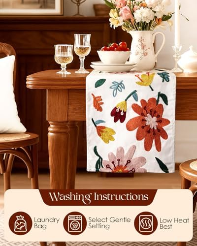 Canvas Embroidered Narrow 13"x 60" Table Runner, Colorful Flower