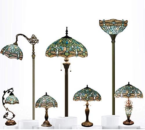 WERFACTORY Tiffany Style Reading Floor Lamp Sea Blue Stained Glass with Crystal Bead Dragonfly Lampshade in 64 Inch Tall Antique Arched Base for Bedroom Living Room Lighting S147 (No Bulb)
