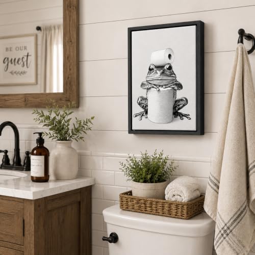 Framed Funny Bathroom Wall Art, Frog Toilet Paper Canvas Print, Minimalist Black and White Humor Bathroom Animal Decor for Restroom Toilet 8x10in