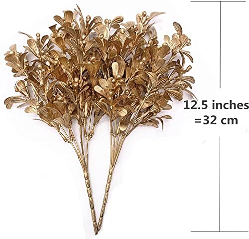 CATTREE Christmas Artificial Flowers, Golden Leaves Branches Plants Fake Berry Plant Decor for Wedding Party Indoor Outdoor DIY Home Office Table Centerpieces Arrangements Decoration - Gold 2 Pack
