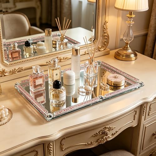 Large Mirror Perfume Tray for Dresser,Pink Crushed Diamond Filled