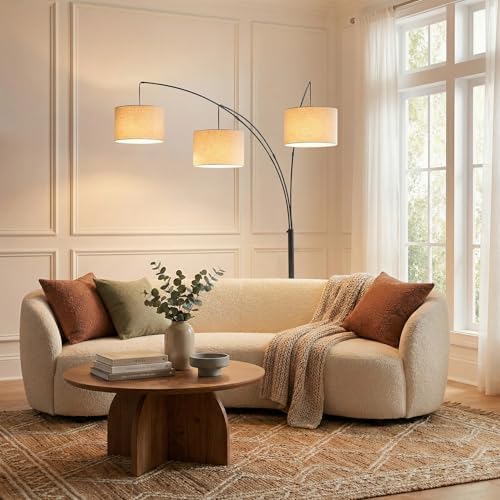 Brightech Trilage Arc Floor Lamp - Large Standing Lamp with 3 Fabric Shades & LED Bulbs for Living Room Over the Sofa, Reading, Multi-Head Traditional Tree Floor Lamp for Bedroom - Black