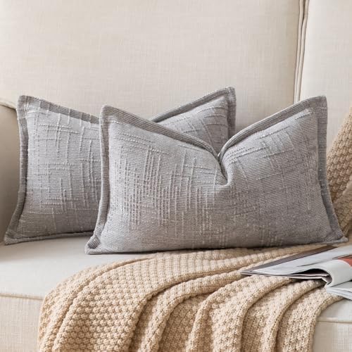 Yaertun Chenille Throw Pillow Covers 16x24 Inch Set of 2 Textured Broadside Soft Cozy Velvet Pillow Covers Modern Farmhouse Boho Decorative Pillow Cases for Couch Bed Sofa Livingroom Light Gray