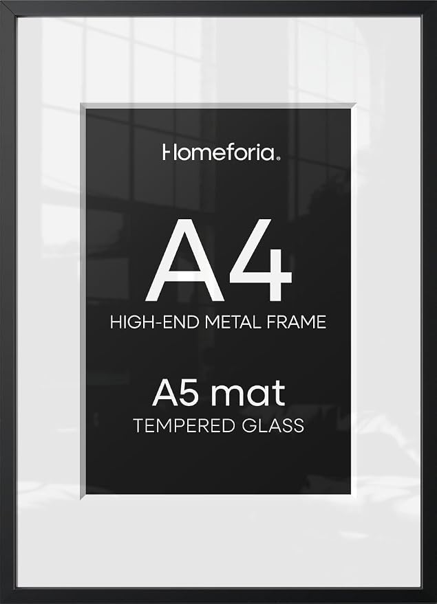 Homeforia A4 Black Picture Frame, High-End Metal, A5 Mat, Glass