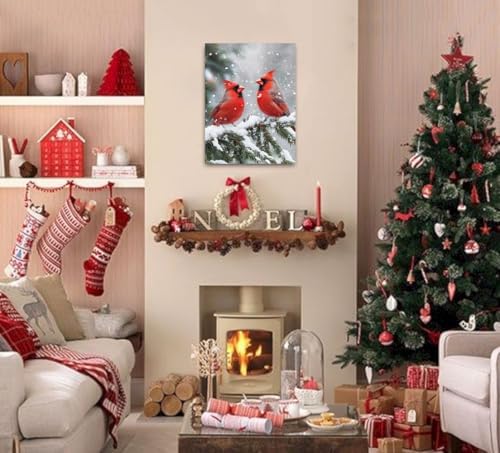 Cardinal Wall Art Christmas Red Bird Canvas Prints Cardinal Painting Winter Picture Stretched and Framed for Holiday Decor 12x16inch