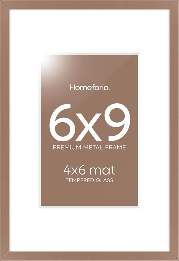 Homeforia 6x9 Mocha Picture Frame, High-End Metal, 4x6 Mat, Glass