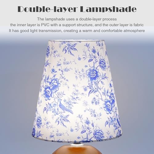 Vintage Wooden Night Lamp, Wood Base Fabric Lampshade, Adjustable Light Color and Brightness with Power-Off Memory, Safe USB Powered, Retro LED Table Light for Bedroom Living Room Office (BlueFlowers)