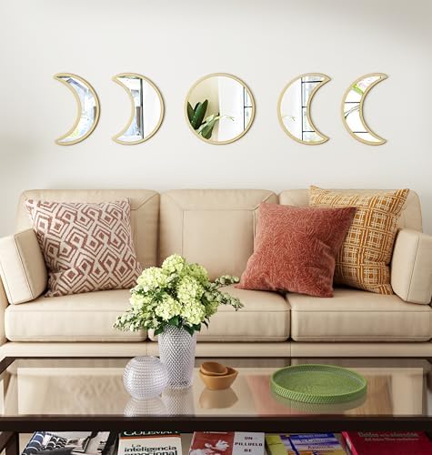 10.4" Raw Acrylic Moon Phase Wall Mirror Set - 5-Piece Boho Celestial Decor for Living Room Bedroom Entryway, Easy Stick-On Installation, Shatterproof Safety Design