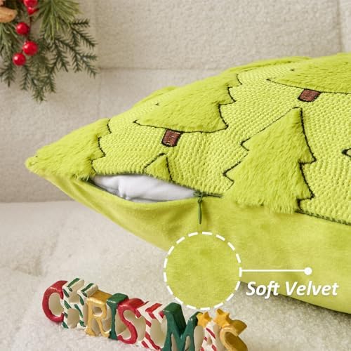 Kevin Textile Christmas Tree Pillow Covers 16x16 Inch Set of 2 Luxury Embroidery Soft Plush Faux Fur Decoration Pillowcases for Couch Sofa Holiday Festivals Winter Xmas Gift, Green