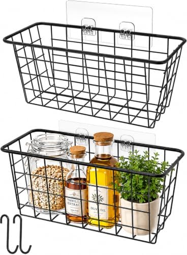 MaraFansie Hanging Kitchen Baskets, 2 Pack Wire Storage Basket Over Cabinet Door Organizer with Adhesive Hooks, No Drilling Pantry & Cabinet Organization for Kitchen Bathroom, Extra 2 Hooks, Black