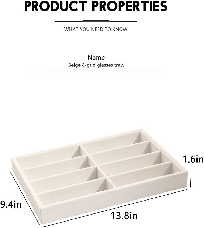 Coward Sunglass Organizer, Beige Velvet Glasses Trays - Eyeglasses Watches Jewelry Display - Men Women (8 Grids) (Pack of 2)