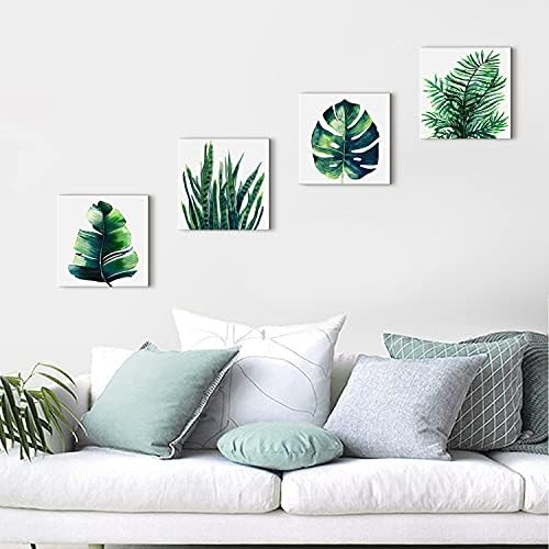 Nature Wall Art Green Plant Wall Decor Tropical Botanical Leaves Pictures Canvas Prints Bedroom Minimalist Boho Sage Monstera Leaf Painting Artwork for Bathroom Living Room Home Decorations 8x8” 4 Pcs