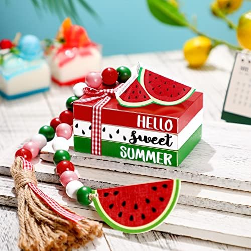 Blulu 6 Pcs Watermelon Decorations for Home, Summer Watermelon Wooden Table Decor, Hello Sweet Summer Tabletop Centerpieces Red Green Tassel Bead Garland for Home Kitchen Shelf Office Desk Tiered Tray