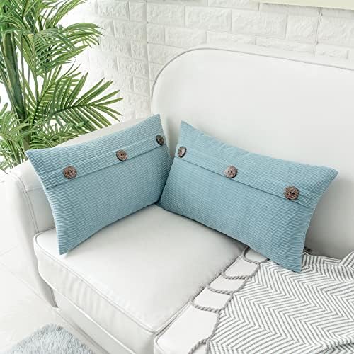 HWY 50 Light Blue Chenille Throw Pillow Covers 12x20 Inch Buttons Pack of 2