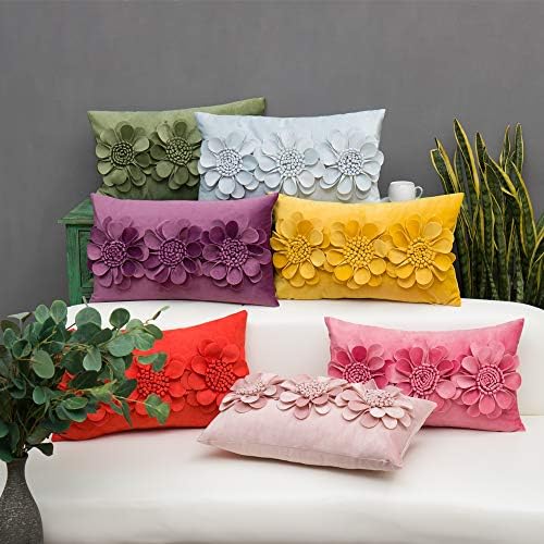 JWH 3D Flower Throw Pillow Cover Green Velvet 12x20 Inches