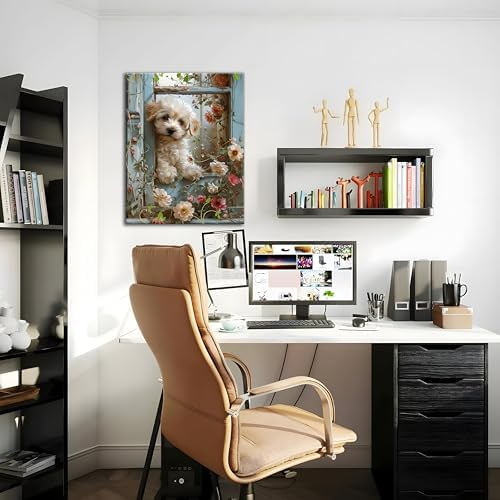 Framed Poodle Canvas Wall Art, Funny Teddy Dog Poster Print, Abstract Dog Standing Among Flowers Painting Wall Decor for Dormitory Restroom Bedroom Kids Room Decor 12x16 inch