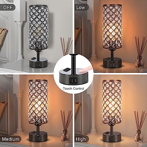 Hong-in Crystal Table Lamp Touch Control Set of 2, 3-Way Black Crystal Lamps with USB C+A Ports & AC Outlet, Dimmable Nightstand Desk Lamps,Modern Bedside Table Lamp for Bedroom(Bulbs Included)