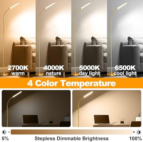 marctronic Gold Floor Lamp, 18W 1800LM Bright LED Floor Lamps for Living Room Bedroom, Dimmable Timing Eye Caring Reading Standing Lamp with Remote & Works with Smart Plug