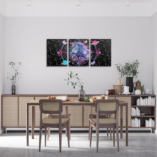 Feelyou Galaxy Unicorn 3 Piece Canvas Wall Art for Living Room Bedroom Solar System Wall Art for Home Decor Sun Moon Office Wall Decor Space Outer Sky Wall Painting