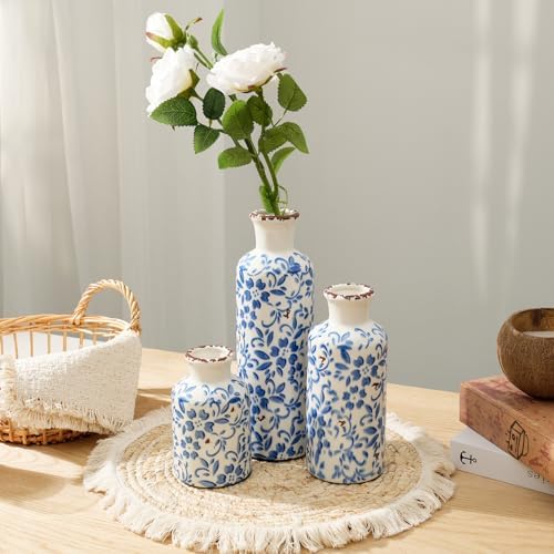 Vintage Ceramic Flower Vase Set of 3, Rustic Farmhouse Vase for Home Decor, Distressed Decorative Vase for Table Entryway Mantel Centerpiece Living Room Bathroom Bedroom (Crackle Blue & White)