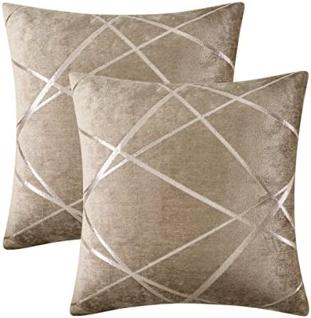 GIGIZAZA Decorative Taupe Throw Pillow Covers 18 x 18,Sofa Thick Chenille Velvet Stripe Cushion Pillow Covers,Square Brown Luxury Pillows 2 Set