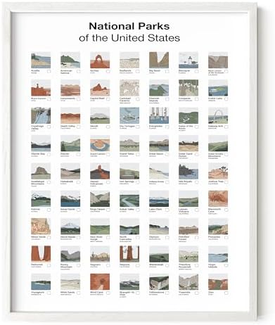 HAUS AND HUES National Parks Checklist Poster - 63 Illustrated Park Thumbnails Art Print - Vintage Style Print for Travelers, Nature Lovers, and Adventure Enthusiasts (White Frame, 11x14)