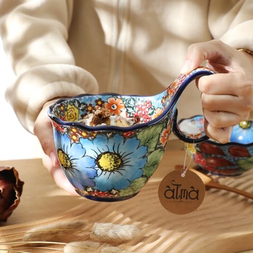 ALMA Handpainted Blue Floral Soup Bowl with Handle, 16oz Loop Handle Bowl
