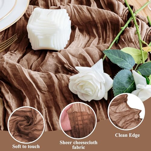 Wokceer Cheesecloth Table Runner Brown 10FT Boho Gauze Runner, 2 Pack