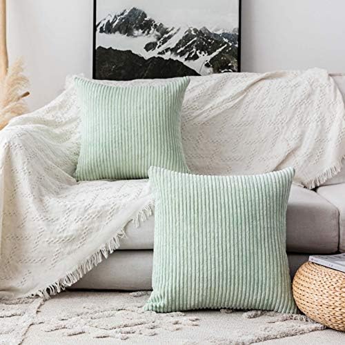 Home Brilliant Green Throw Pillow Cover 24x24 Set of 2 Euro Shams Super Soft Striped Velvet Large Cushion Cover for Living Room Sage Green Summer Decor, 24 x 24 inch, Mint