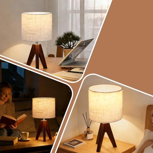 Tripod Table Lamp, Small Bedside Night Stand Lamp with 3 Colors, Decorative Lamp for Bedroom, Nursery, Living Room (Bulb Included) (Espresso Wood)